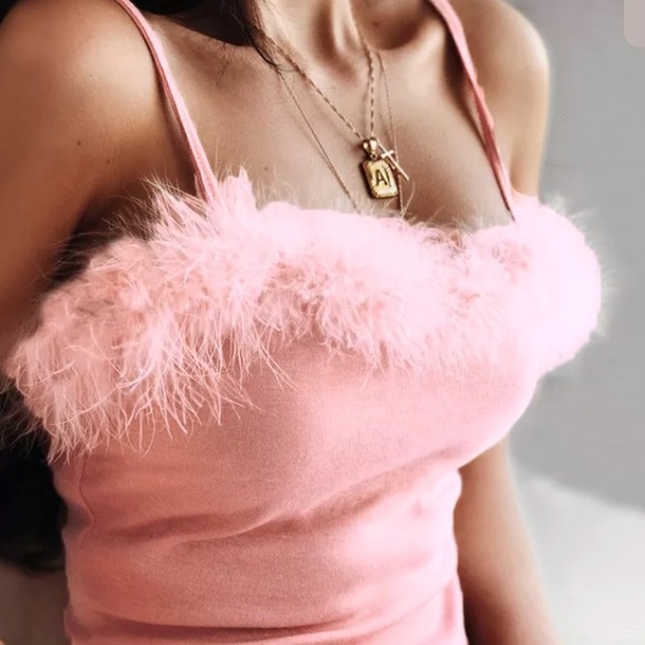 pink feather trim dress